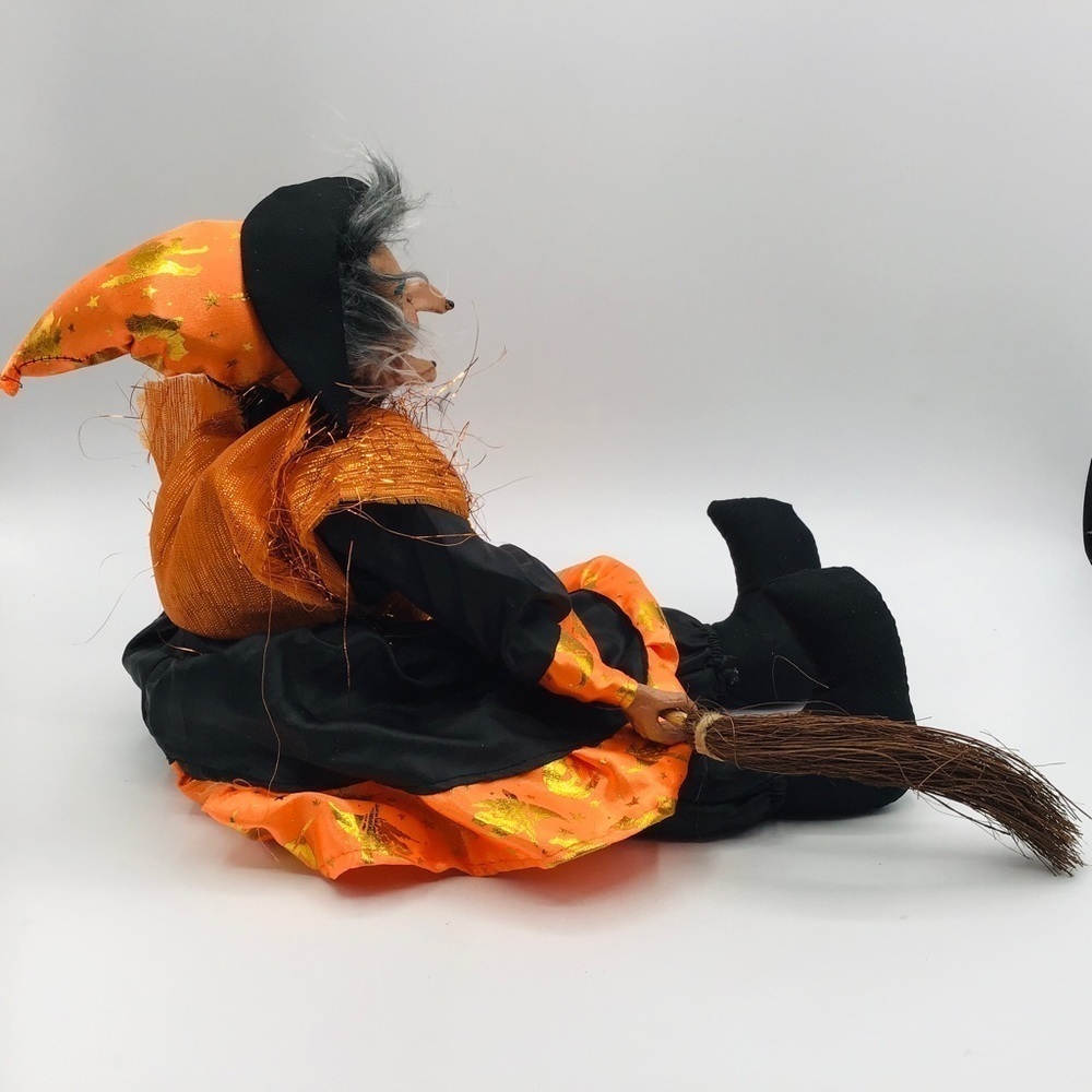 Halloween Witch 13” Doll Figure Whimsy Shelf Sitter Black Orange Dress Broom - Picture 7 of 8
